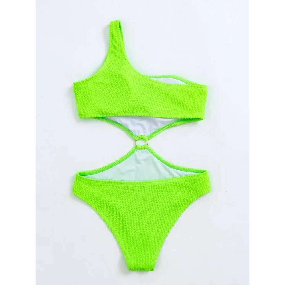 2025 Sexy Shoulder Swimwear Women Padded One Piece Swimsuit Fluorescent Green Monokini Backless Hollow Summer Bathing Suit