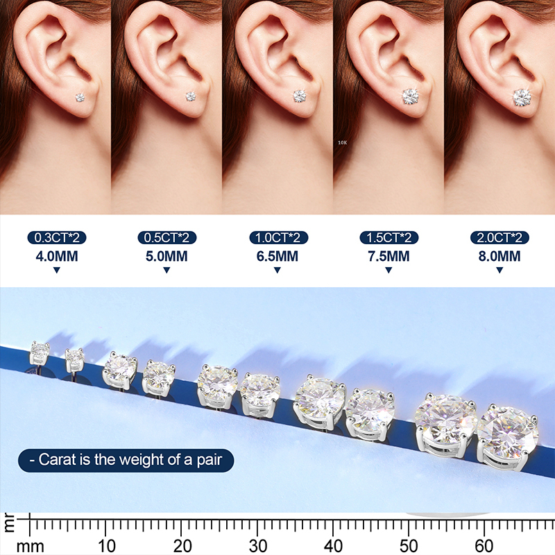 TUHE Unisex Round 6mm-10mm Moissanite Diamond Stud 10k Earrings For Men Women Screw Back Earrings Fine Jewelry