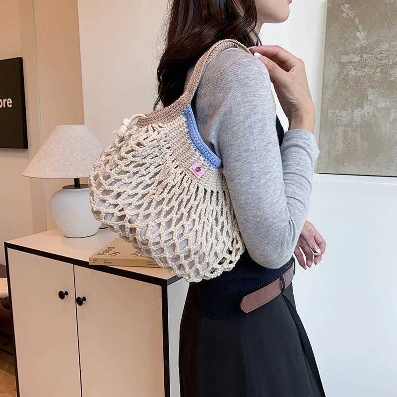 Large capacity womens knitted bag hollow outer bucket shoulder bag 2 sets of mesh travel shopping handbag womens fashion handbag Y250319