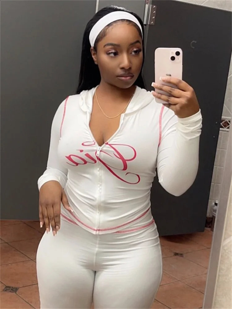Spring Casual Womens Long Sleeve Zipper Hoodie Top and Pants Street Clothing White Two Piece Set 250319