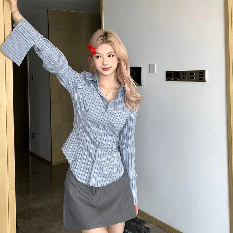 Long Sleeve Striped Shirt Slim Fit Waist-Fitted Top Womens Factory Direct Sales Cross-Border Foreign Trade Exclusive 250320