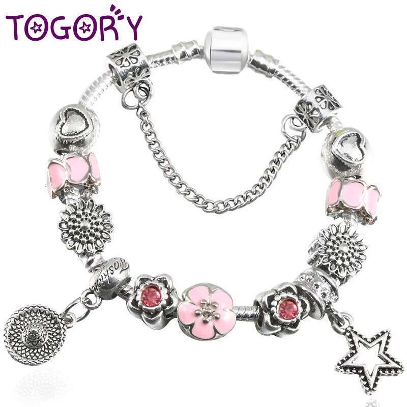 Silver Color Charm Bracelets For Women With Flower Alloy Beads DIY Brand Bracelets Bangles Valentine's Day Jewelry Gift