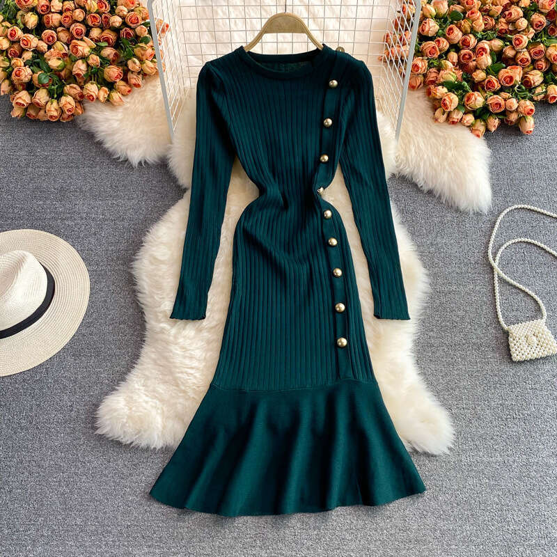 Vestidos Elegantes Bottom Sweater Hip Hugging Slim Fit Slimming Fishtail Skirt Autumn and Winter Round Neck Long Sleeved Temperament Knitted Dress