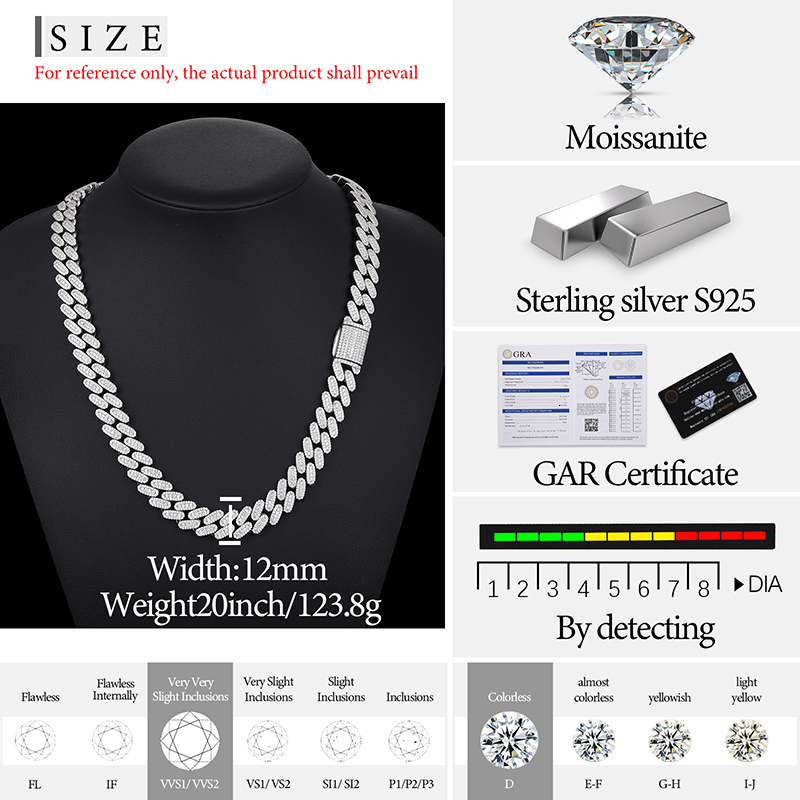 High Quality Unisex VVS1 D Color VVS1 Round Cut Moissanite Certified Cuban Chain Necklace 925 Silver For Men Hip Hop Jewelry