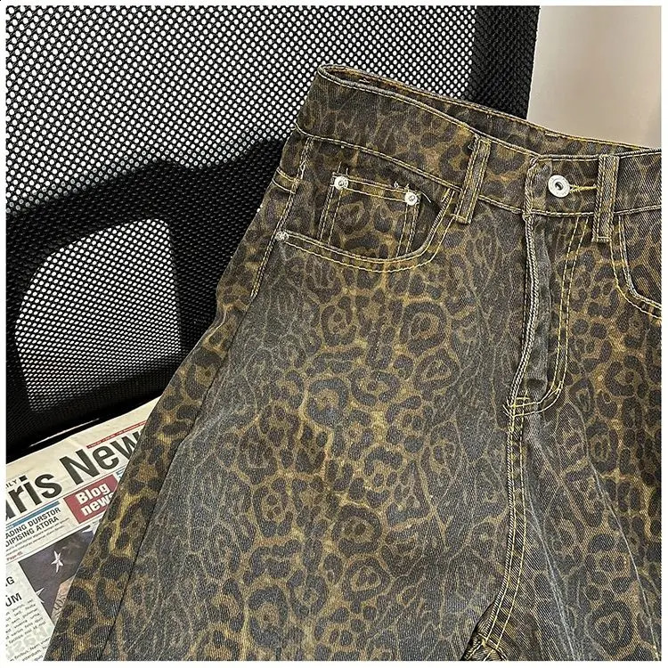 Retro Spring Trendy Leopard Print Jeans Womens American High Street Trousers Y2K Harajuku Style Baggy High Waist Casual Pants 250319
