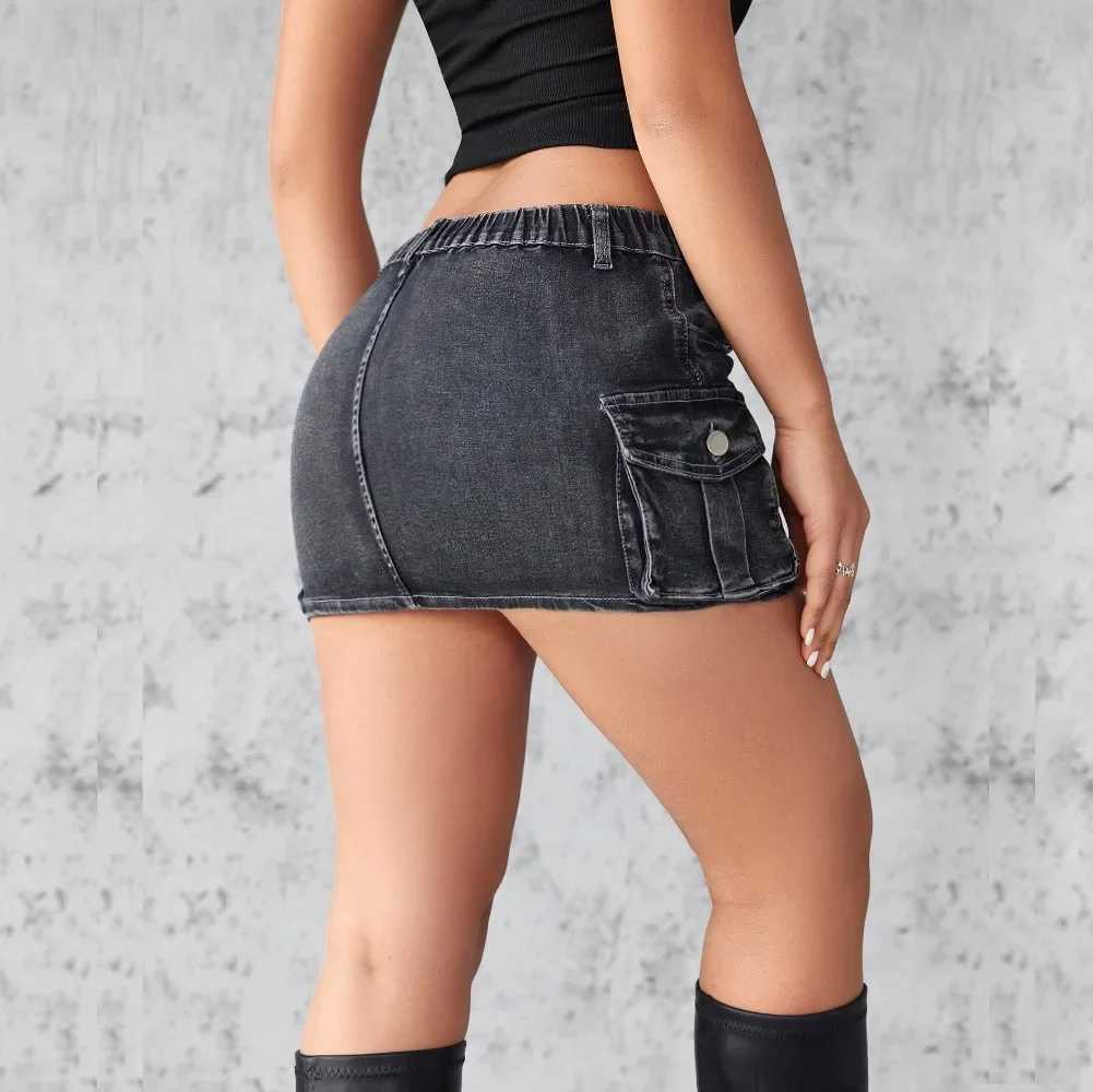 Cowboy Tight Womens Short Jeans Y2k Cargo Tight Hip Bag Ele Splicing Skiing Casual Pocket Button Streetwear Sexy Summer 2024XJ250320