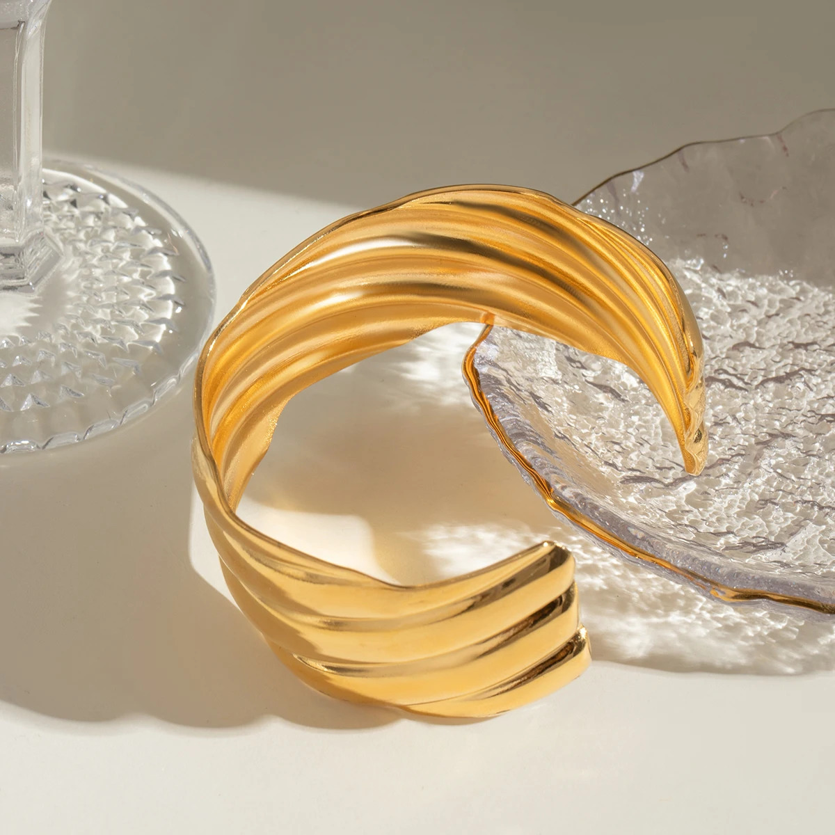 Exaggerated 18k Gold Plated Stainless Steel Corrugated Simple Open Bangle Cuff Bracelet Bijoux Femme Waterproof Jewelry 250320