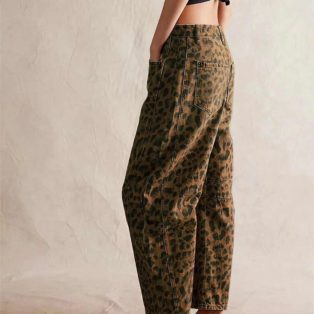 Women Leopard Barrel Jeans Y2k Cheetah Printed Baggy Boyfriend Jeans Mid Rise Wide Leg Denim Pants Horseshoe Jeans 250319