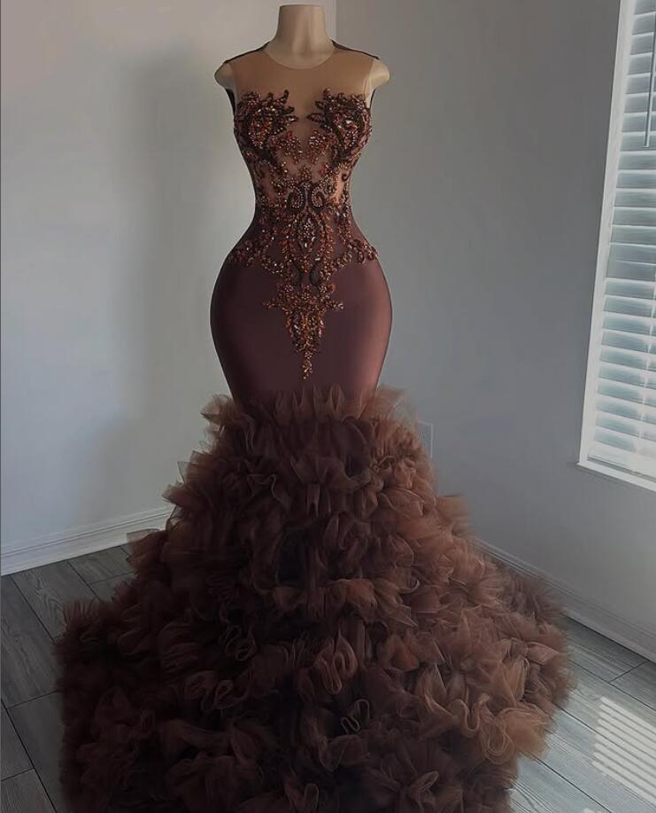 Brown Sparkly Mermaid Prom Formal Dresses Black Girl Crystal Ruffles Skirt Customsized Sheer Mesh Birthday Evening Gala Gown