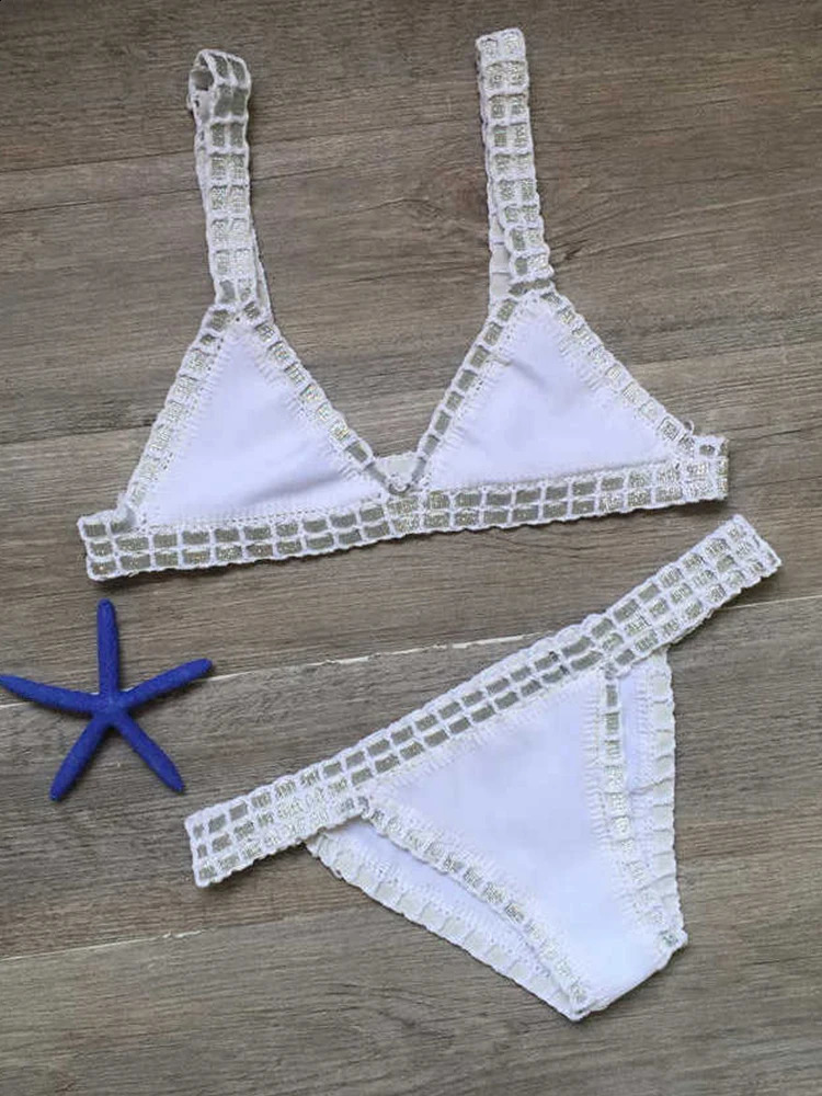 Crochet womens knitted swimsuit chloroprene rubber bikini beachwear bohemian style swimsuit two-piece swimsuit 250314