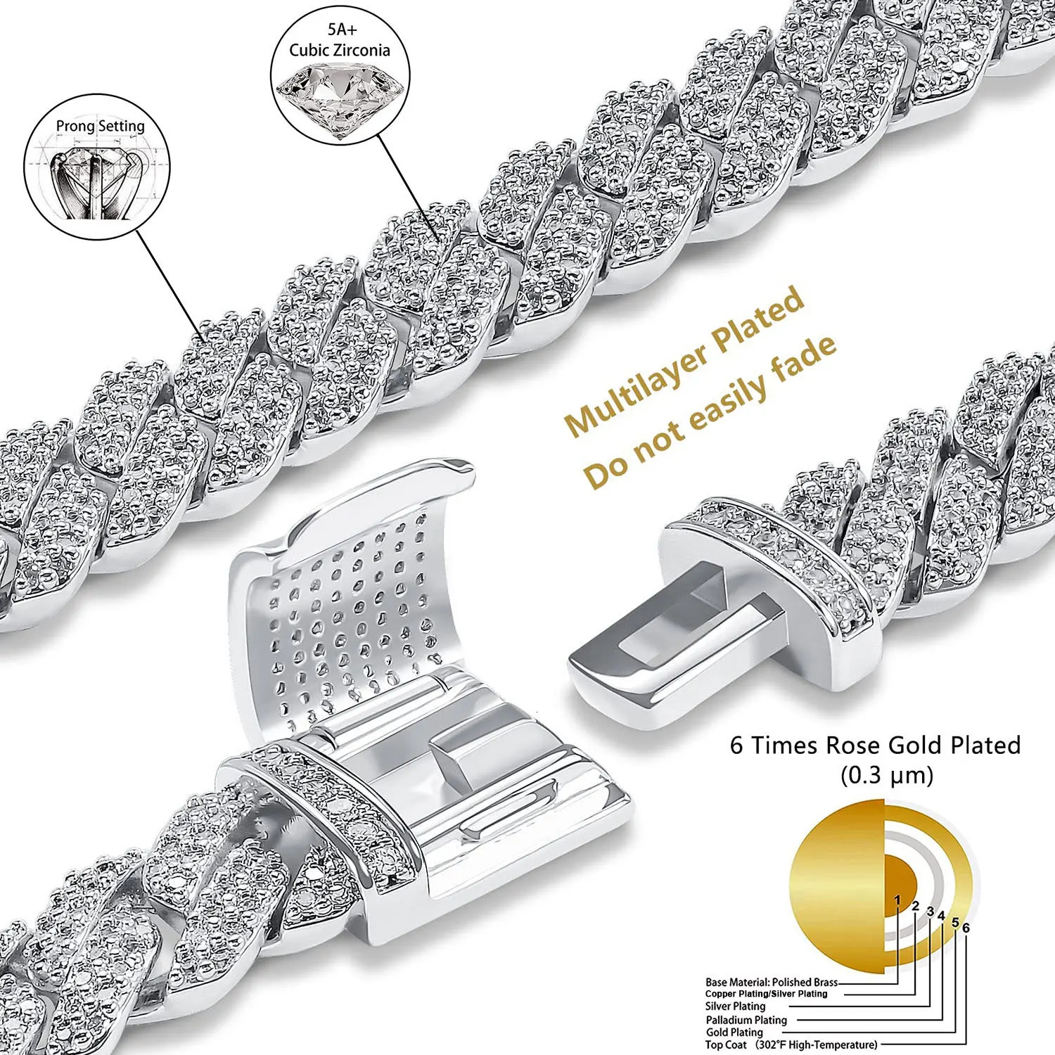 Iced Out 10-20mm Mens Miami Cuban Link Necklace Hip Hop CZ Cubic Zirconia Bling Prong Cuban Chain 250318