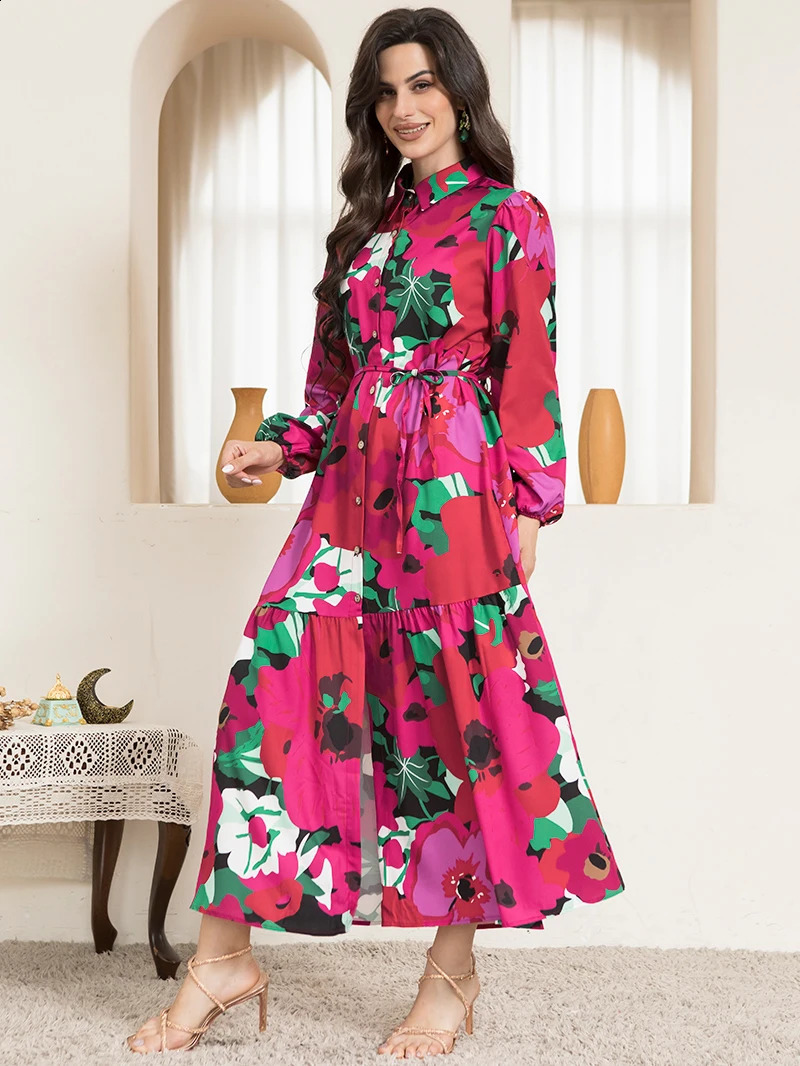 Sweetheart collar long sleeved button waistband polka dot printed rose pink long skirt 250317