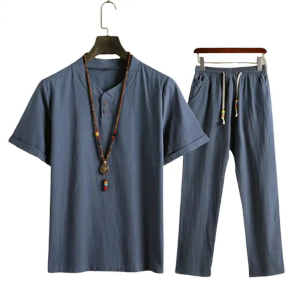 Summer Fashion Men Shirts Trousers Set Cotton And Linen Shirts Short Sleeve Mens Casual Top Pants Men Outfit M-4XL 250319