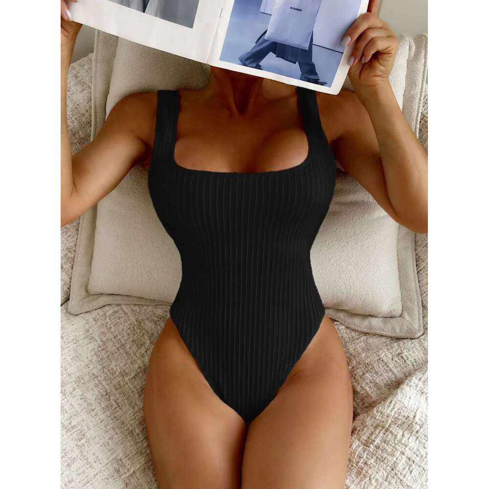 Modest Women Textured Ribbed One Piece Swimsuit Solid Colors Summer Beach Vacation Monokini High Cut Swimwear Padded Push Up 2025 Scoop Neck Stylish B