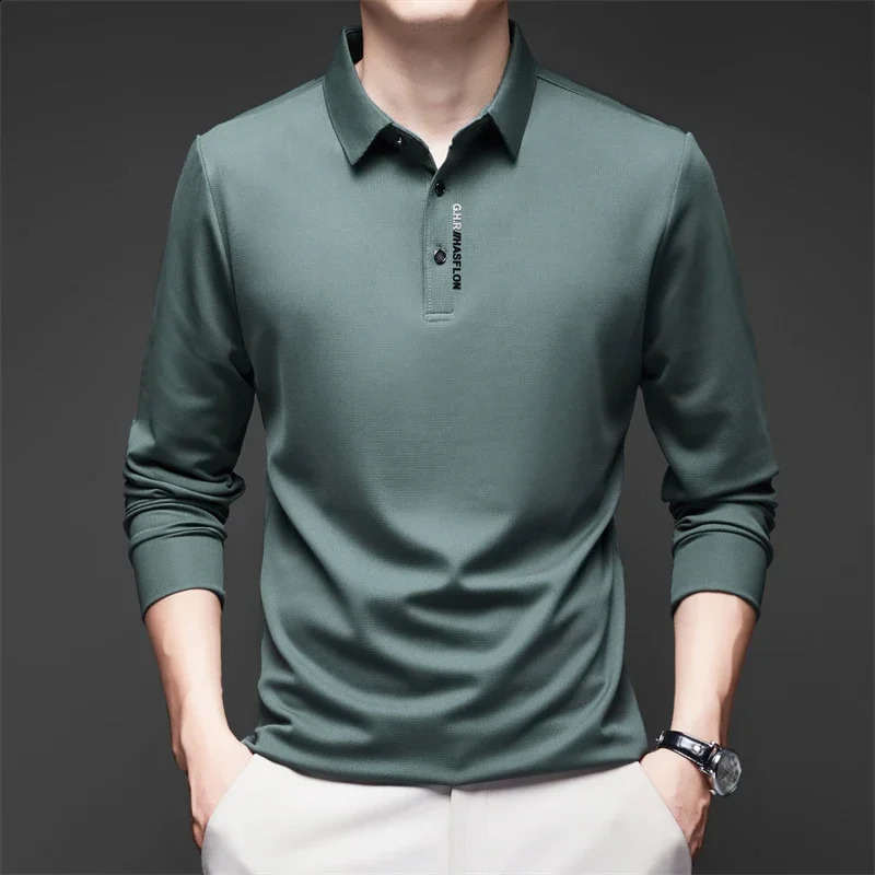 mens business casual long sleeved shirt with badge solid color polo fashionable breathable and comfortable lapel top 250318