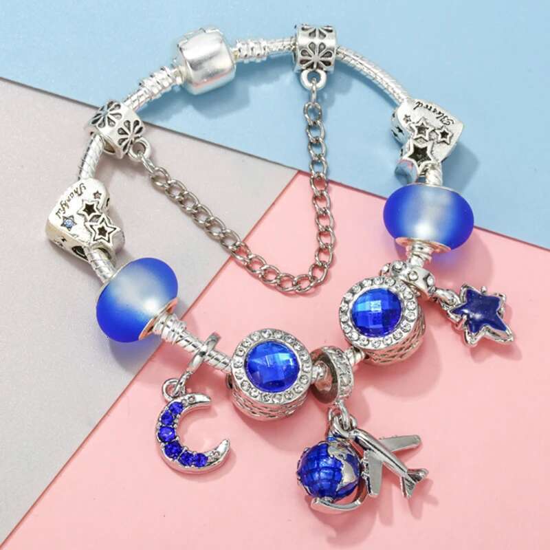 Blue Style High-Quality Charms Bracelets For Women With Snake Chain Globe Aircraft Charms Beads Pendants Jewelry Dropshipping