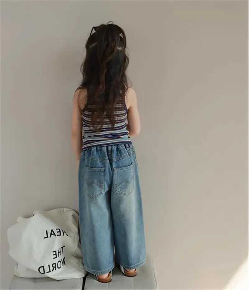 Interesting Bear Girl Clothing Childrens Clothing Summer Bag Multi Pocket Elastic Waist Jeans Wide Leg PantsT250326