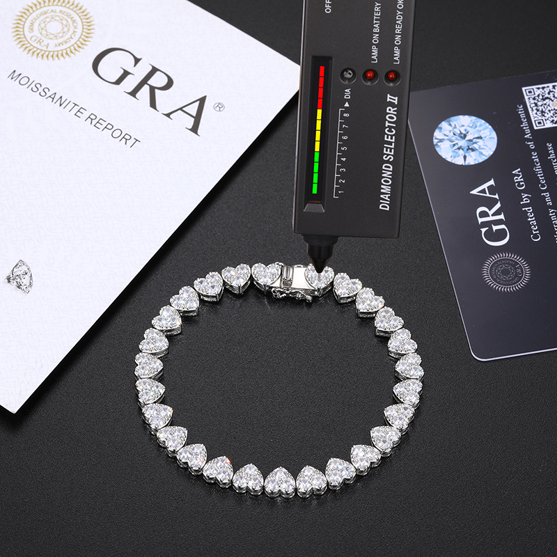 Unisex 3mm-5mm Heart 3 Row Tennis Moissanite Bracelet 925 Silver For Women Men Hip Hop Jewelry
