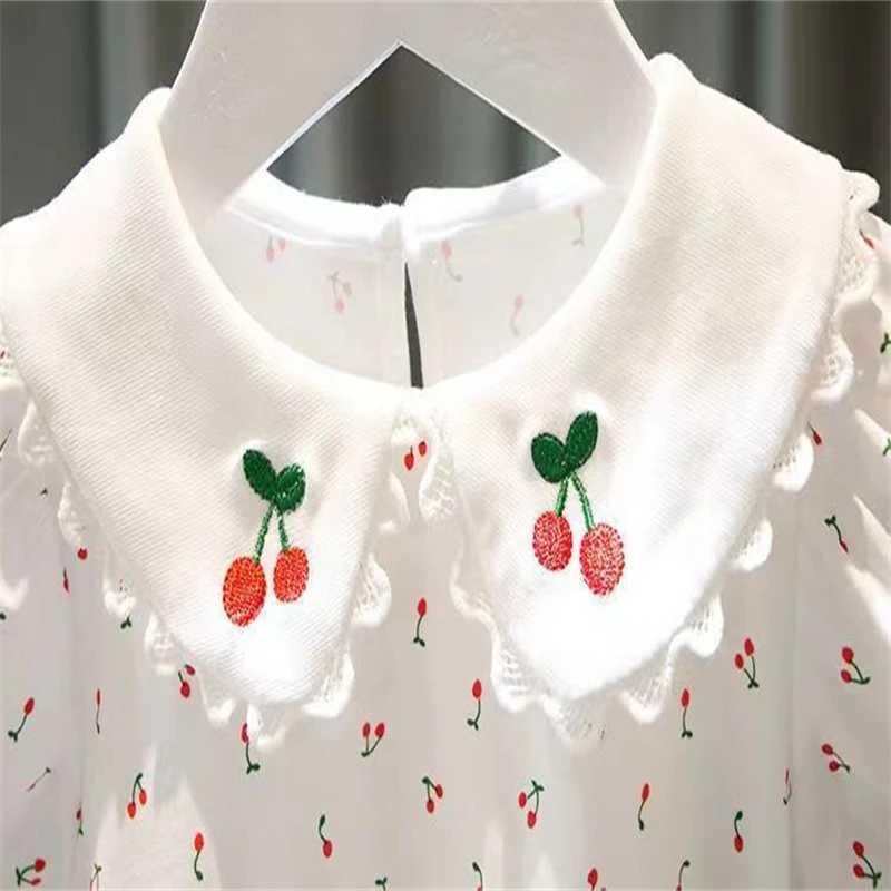 New 2024 Summer Girls T-shirt Cherry Pattern Short Sleeve Ruffle Collar T-shirtT250320