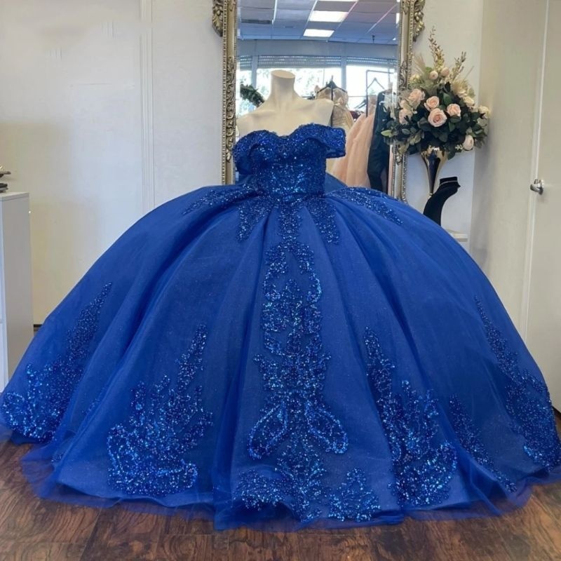 Royal Blue Shiny Quinceanera Dress Ball Gown Off The Shoulder Lace Applique Beaded Tull Sweet 16 Dress Vestido De 15 Anos