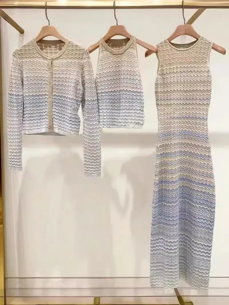 Elegant Women Autumn Knitted Set Gradient Mixed Colors Sweater Cardigan Slim Fit Long Tank Dress Matching Set Knitwear Outfits 250317