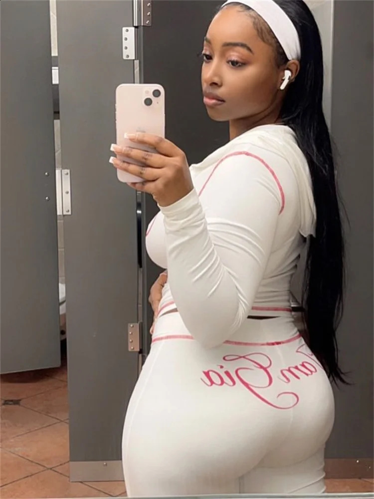 Spring Casual Womens Long Sleeve Zipper Hoodie Top and Pants Street Clothing White Two Piece Set 250319