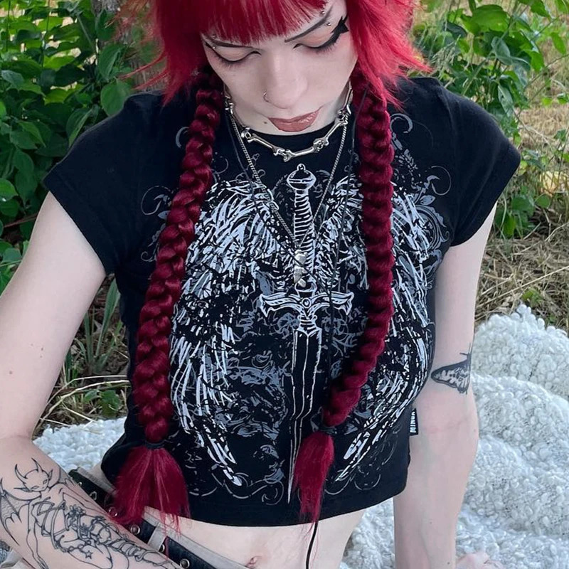 90s Harajuku printed T-shirt short sleeved tight top womens Y2K street wear exposed navel top 250320