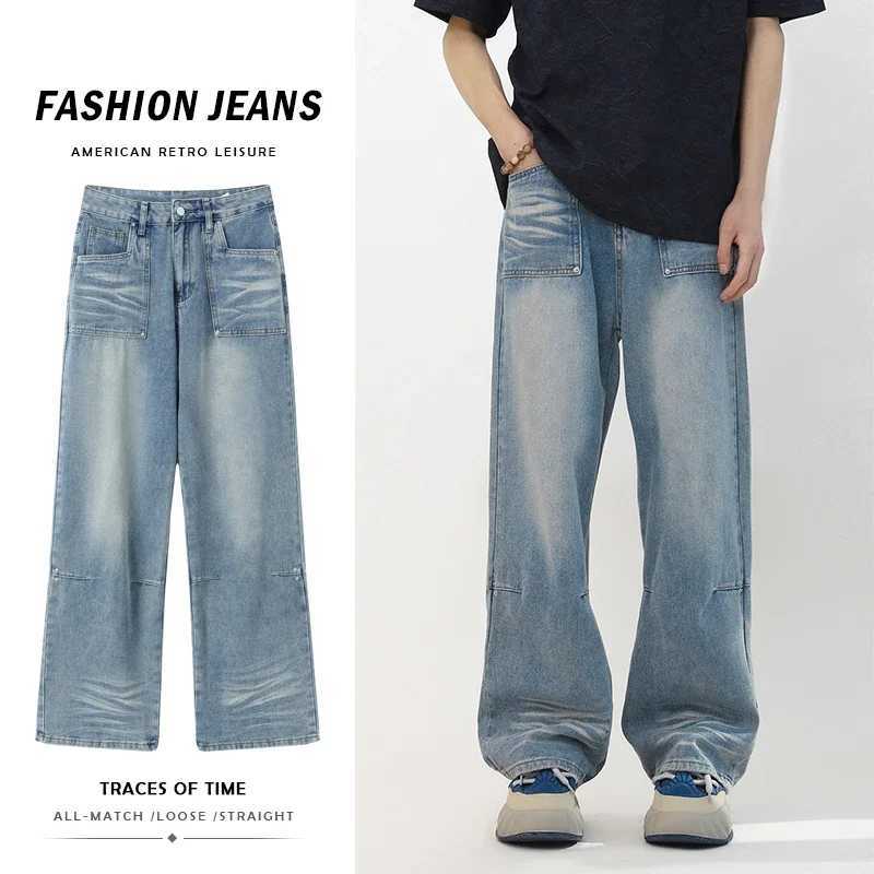 Mens Baggy Jeans Y2K Four Seasons Comfortable Soft Vintage Casual High Street Fashion Straight Denim Pants Streetwear BlueT250319