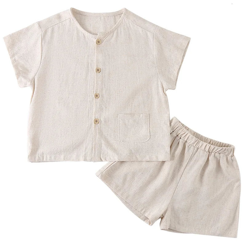 Summer Kids Clothes Set Cotton Linen Tshirt Solid Shorts Boys 2Pcs Suit Short Sleeve Children Girls Outfits Sibling Look 250319