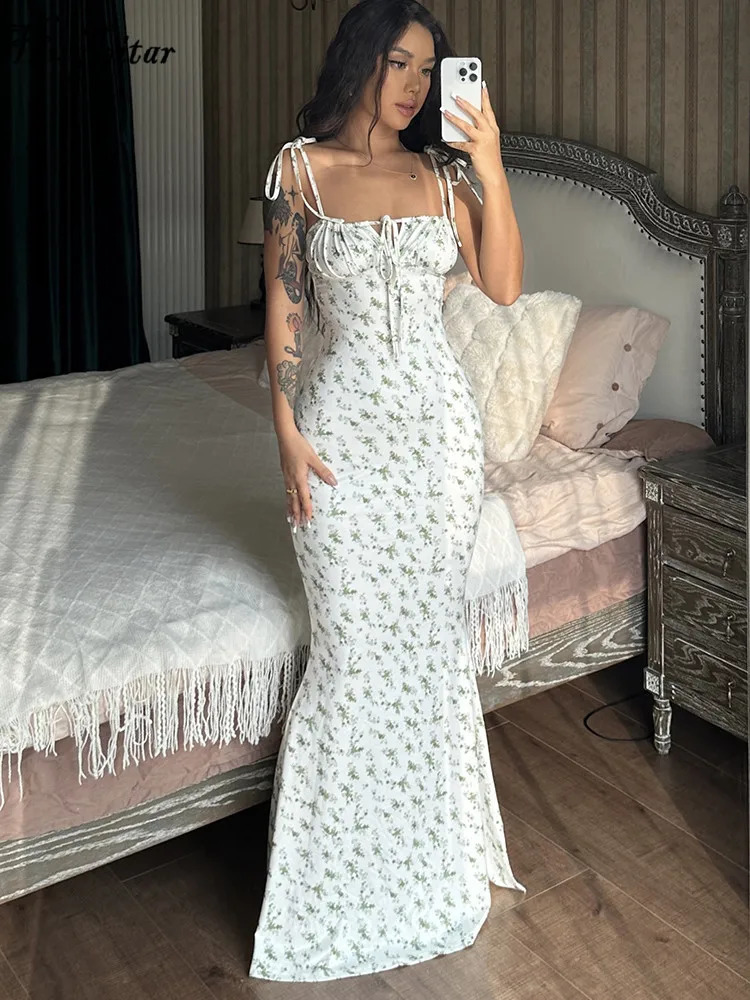 Hugcitar Floral Print Sleeveless Backless Slips Lace Up Maxi Dress Sexy Bodycon Summer Elegant Outfits Holiday Party Wholesale 250319
