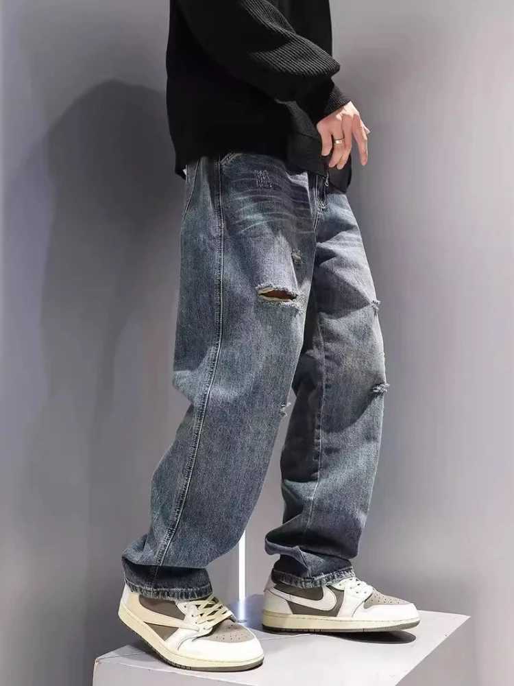 New mens open top jeans with pockets straight fashion retro blue denim pants personalized streetwear hip-hop high-quality mens trousersT250319
