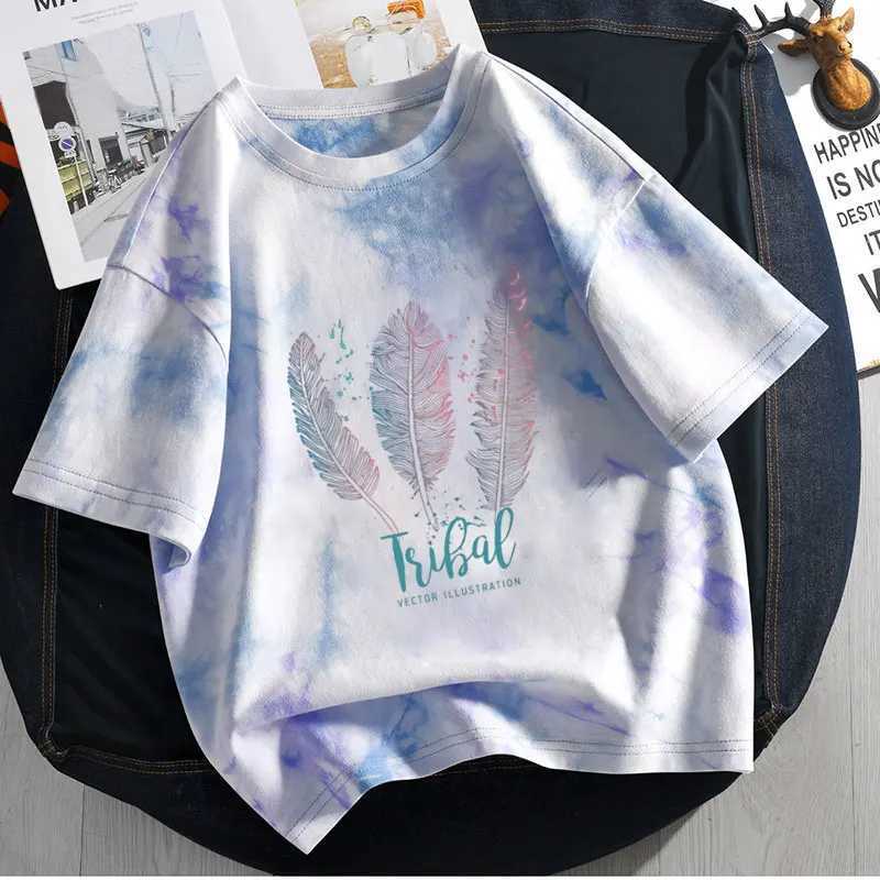 Feather T-shirt for Girls Cotton Kids T-shirt Tie Dye Printed Childrens Casual Clothing Teen Girls Top 6 8 10 12T250320