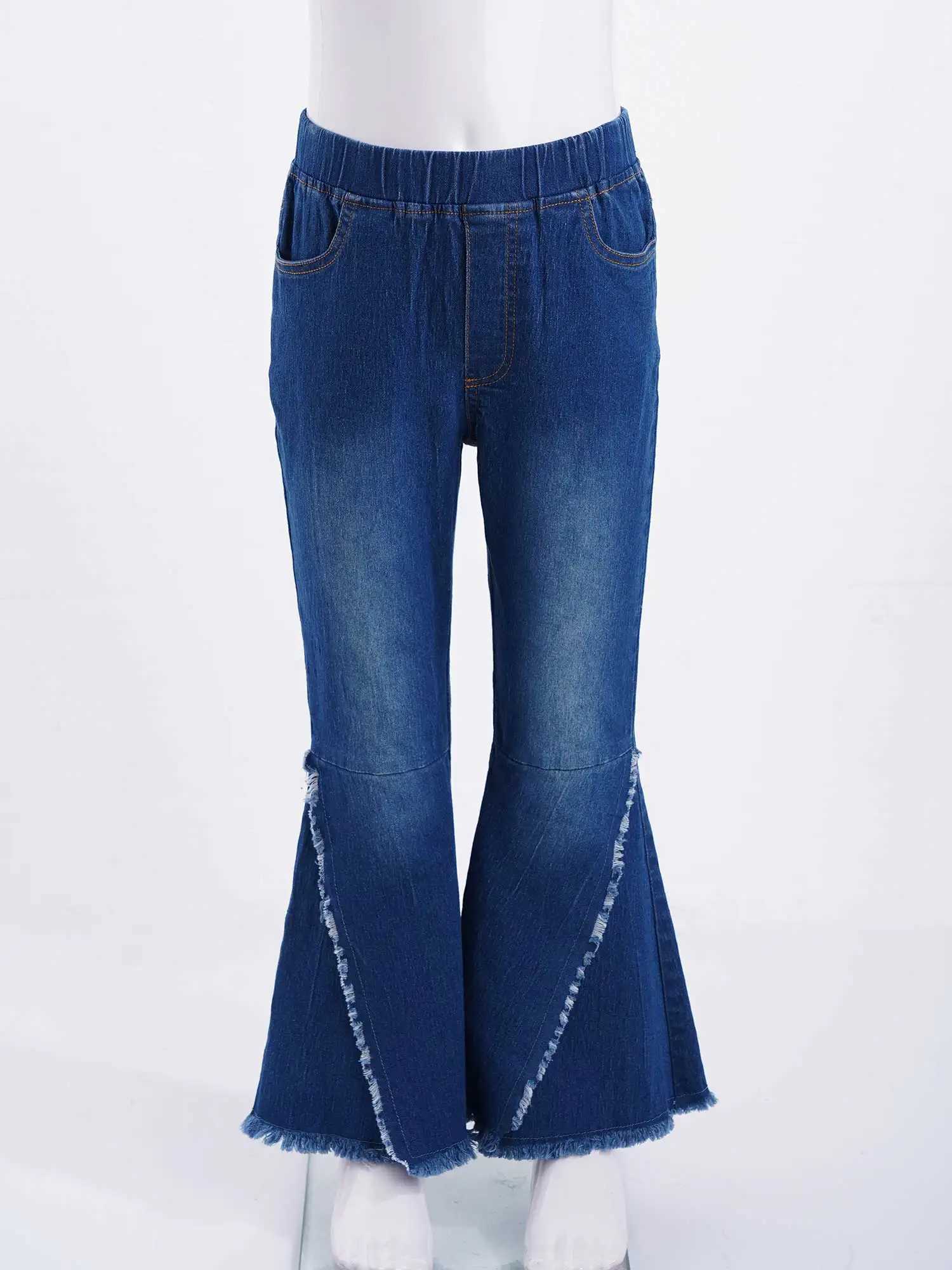 Children and Girls Tearing Flash Jeans Casual Fashion Clothing Zipper Closed Denim Cloth Bell Bottom Pants Korean Bell Bottom TrousersT250326