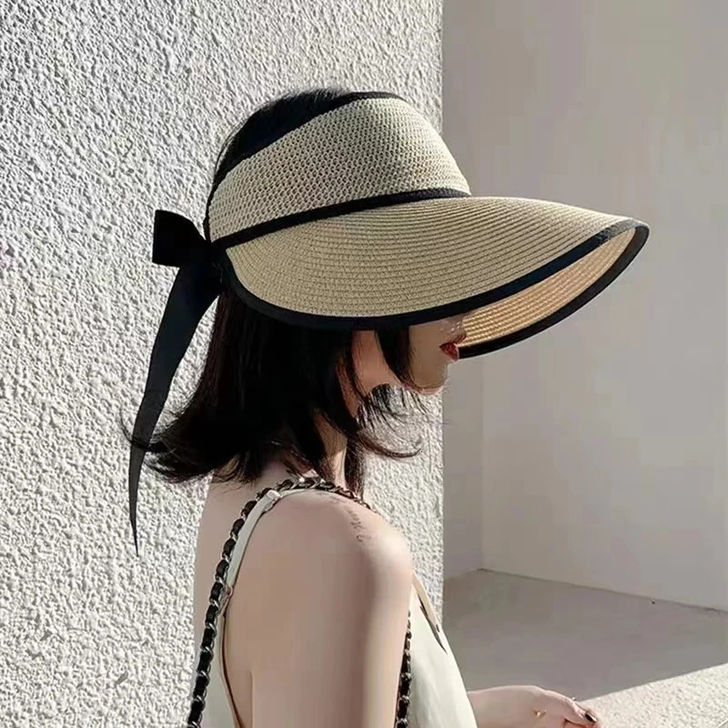Summer Adjustable Ribbon Empty Top Straw Hats For Women Foldable Wide Large Brim Beach Hat Chapeau Femmeuv Protection Cap 250320