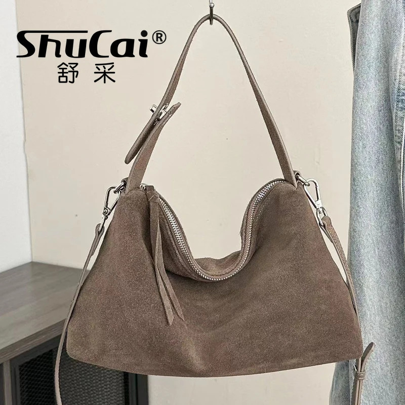Fashion Autumn Winter Big Boston Tote Soft Matte Suede Cow Leather Womens Handbag Shoulder Crossbody Bag For Women Grey Brown 250318