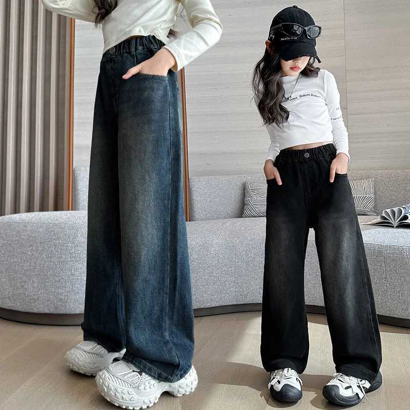 2024 New High Quality Girls Jeans Retro Denim Wide Leg Pants Childrens Clothing Casual Solid Youth ClothingT250326