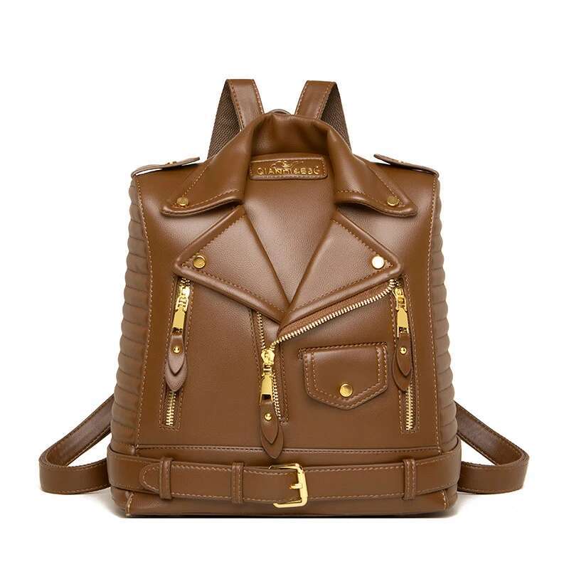 Personality Unisex Collar Female Waterproof Large Capacity Anti-Theft Special Design Bag Cool Girl PU Leather Jacket Backpack
