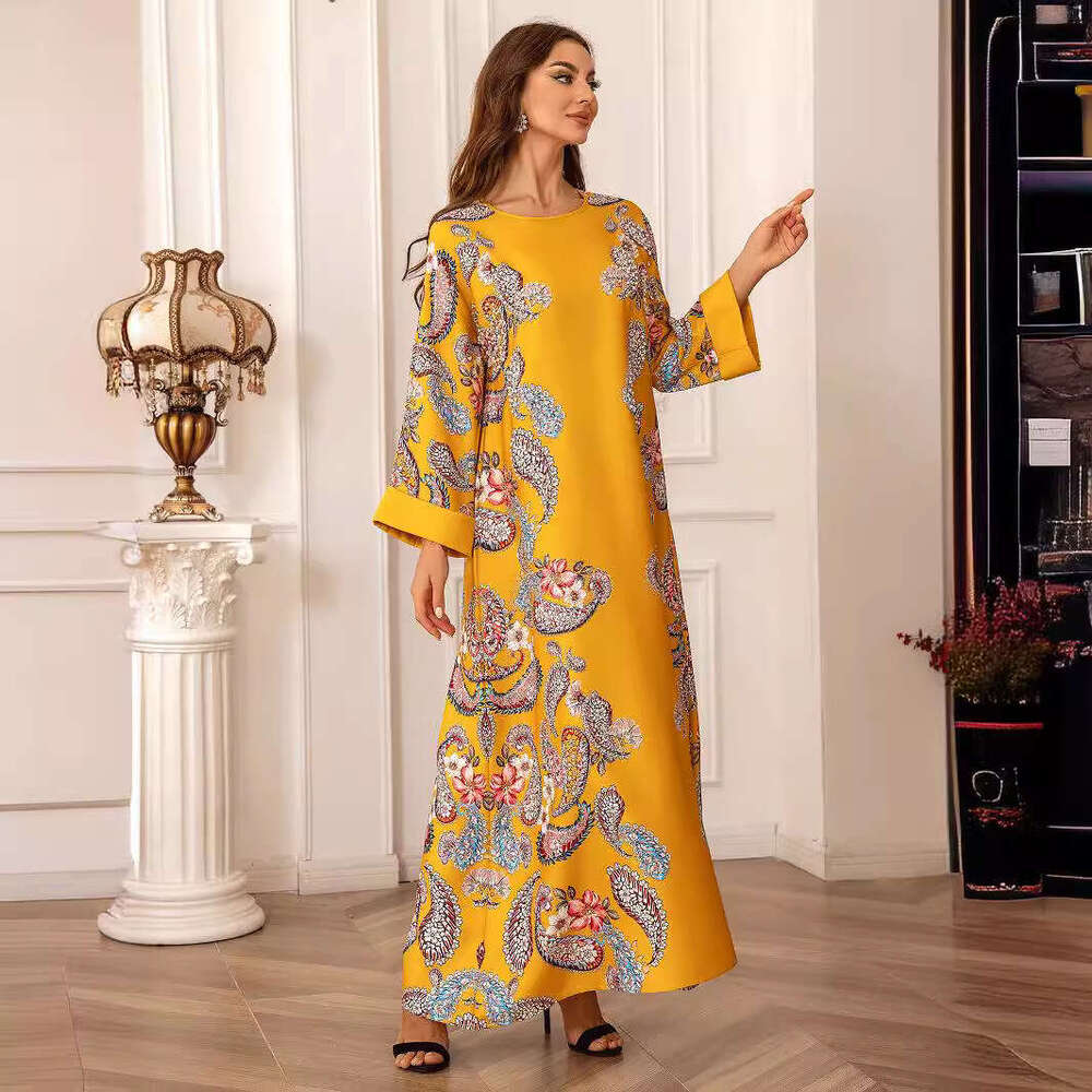 2405 Muslim Women's Robe Round Neck Home Dress Long Sleeved Floral Rhinestone Studded Nail Beads