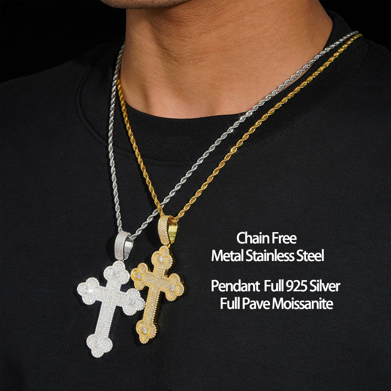 Hiphop Iced Bling Moissanite Diamond Cross Pendant Necklace for Men 925 Sterling Silver Plated 14k Gold Pass Tester Wholesale