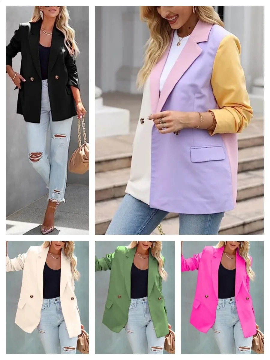 Womens casual business jacket spring summer autumn style lapel long sleeved polyester fiber pocket fashionable 250319