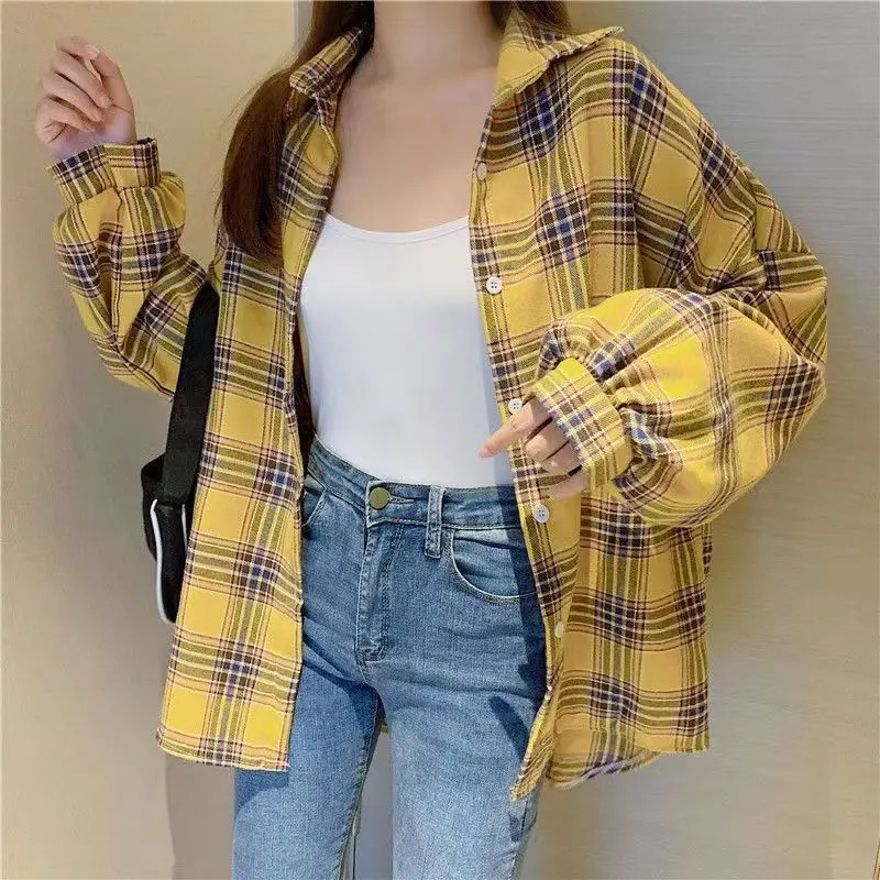 Spring Casual Plaid Shirt Women Long Sleeve Top Female Vintage Single Breasted Blouse Ladyies Preppy Style Loose Check Shirts 250320