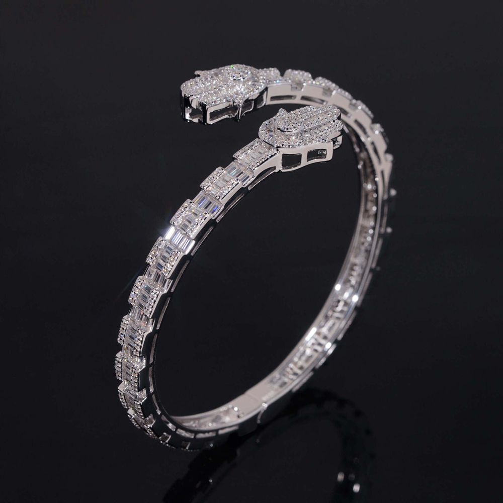 Hiphop Iced Bling Baguette Cut Moissanite Hamsa Hand Cuff Bangles 925 Sterling Silver Fatima Bracelets Pass Diamond Tester Gift