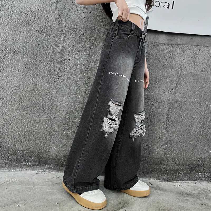 Childrens girls fashion straight pair cracked jeans with holes childrens distressed denim Trousers FOR teenage street style jeansT250326