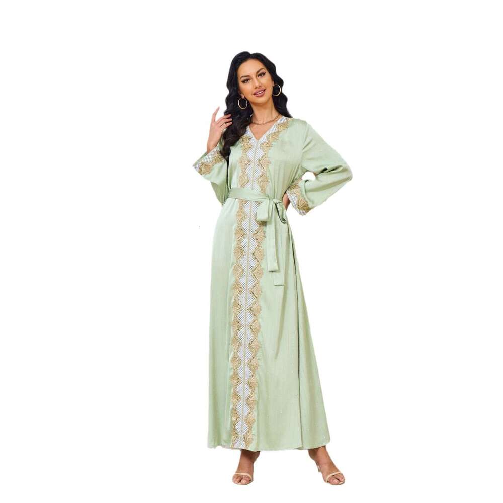Mt109 Robe Muslim Style New Women's Wear Hot Diamond Long Sleeve V-Neck Big Swing Dress Ins