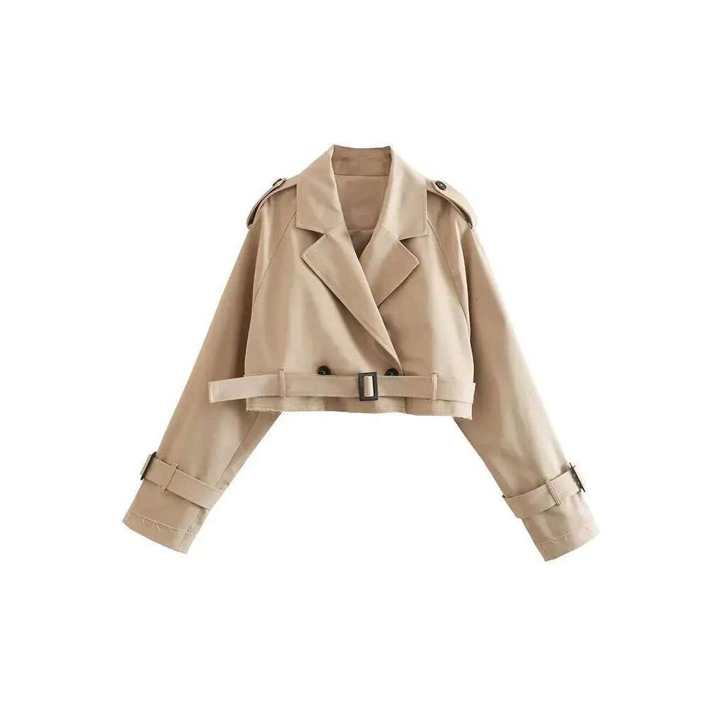 2024 Belt Cropped Trench Spring Jacket Women Vintage Streetwear Double Breasted Long Sleeve Top Female Coat Outfits