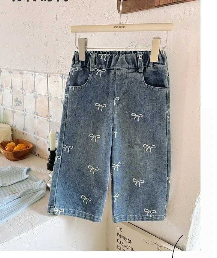 4626 Children Pant Spring and Autumn Korean Printed Bows Baby Girls Jeans Straight Denim PantsT2502320