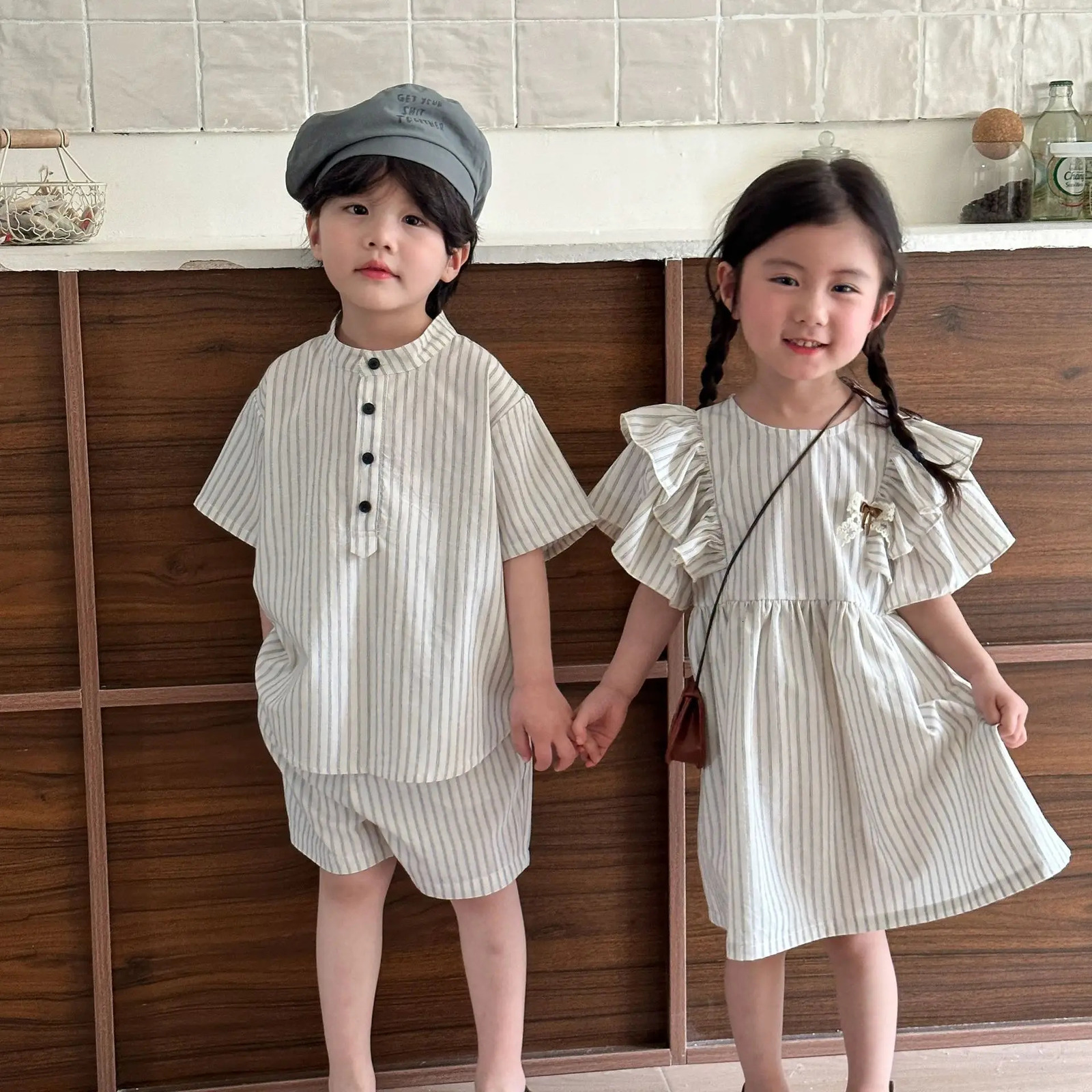 Brother Sister Clothes Summer Short Sleeve Tshirts Stripes Shorts Baby Boys Suit Thin Cotton Ruffle Children Girl Dress 250319