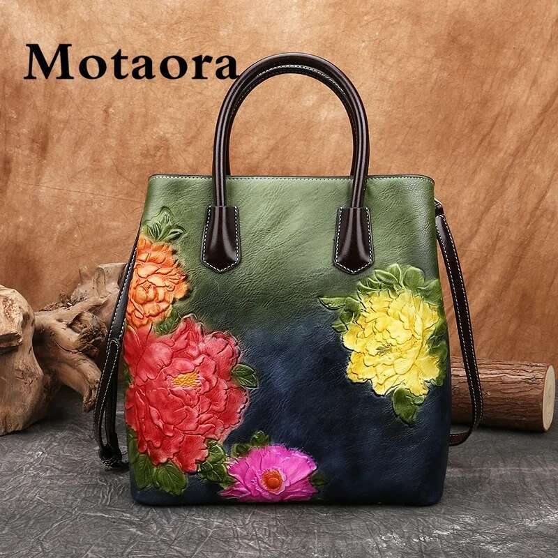 MOTAORA New Vintage Women Bucket Shoulder Bags 2025 Handmade Emed PU Leather Handbag Retro Large Capacity Crossbody Tote Bag