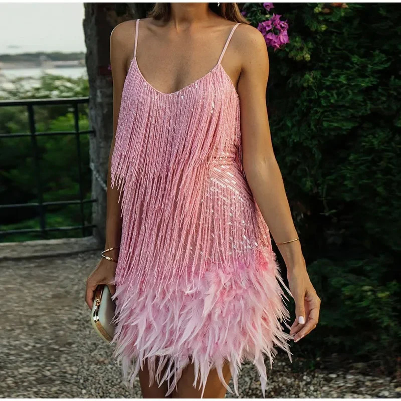 Sexy Tassel Sequins Feather Mini Dress Women Spaghetti Strap Stitching Dresses Female Elegant Evening Party Club 250320