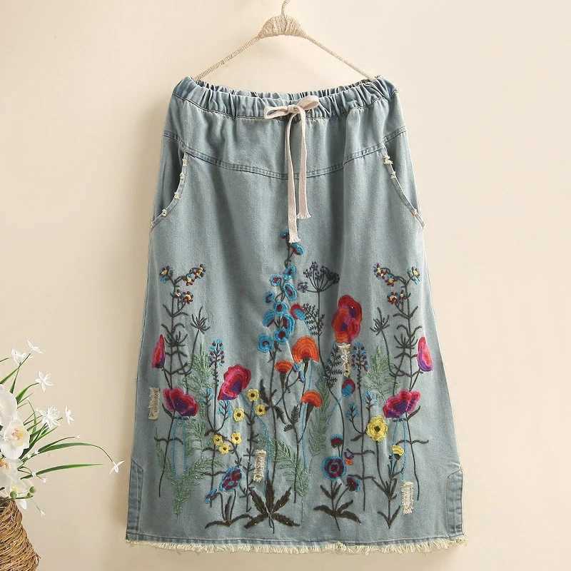 TIYIHAILEY Cotton Denim Long Mid-calf Skirts For Women Tassels Summer Spring Elastic Waist A-line Embroidery Holes 2024 NewXJ250320